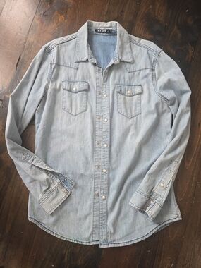 BLK DNM Blue Light Wash Denim Western Snap Shirt Men's Size L